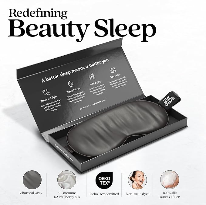 TheSleepGuard Pure Silk Sleep Mask [100% 6A Mulberry Silk, 22 Momme] Light Blocking Travel Essentials. Eye Masks for Sleeping. Black Oeko-Tex Blindfold. Eye Covers for Men & Women