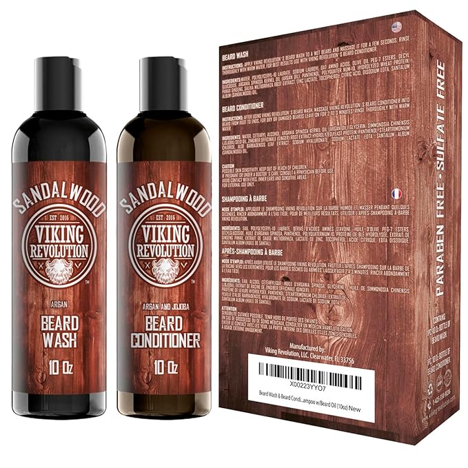 Beard Wash & Beard Conditioner Set w/Argan & Jojoba Oils - Softens & Strengthens - Natural Sandalwood Scent - Beard Shampoo w/Beard Oil (10oz)