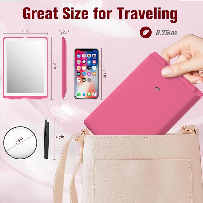 Travel Makeup Mirror with Light, Rechargeable Portable Folding Compact Mirror Set with Tweezer, Lighted Makeup Mirrors with 72 LED 3 Color Light Modes, Dimmable Touch Screen LED Mirrors-Rosy