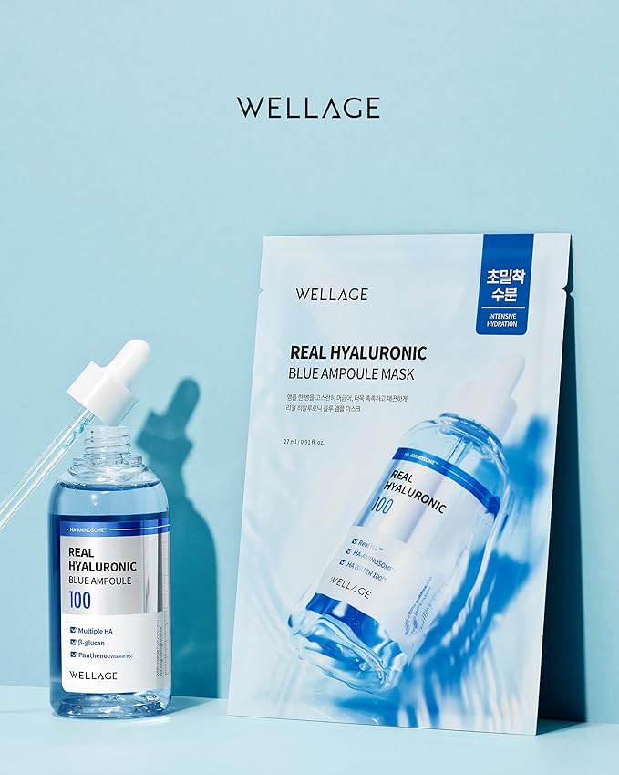WELLAGE Real Hyaluronic Blue Ampoule Face Mask - Korean Hydratig Mask Moisture Boost with 10,000ppm Ultra-Low Molecular Hyaluronic Acid - Soft Vegan Cashmere Sheet for Sensitive Skin, 5 Sheets