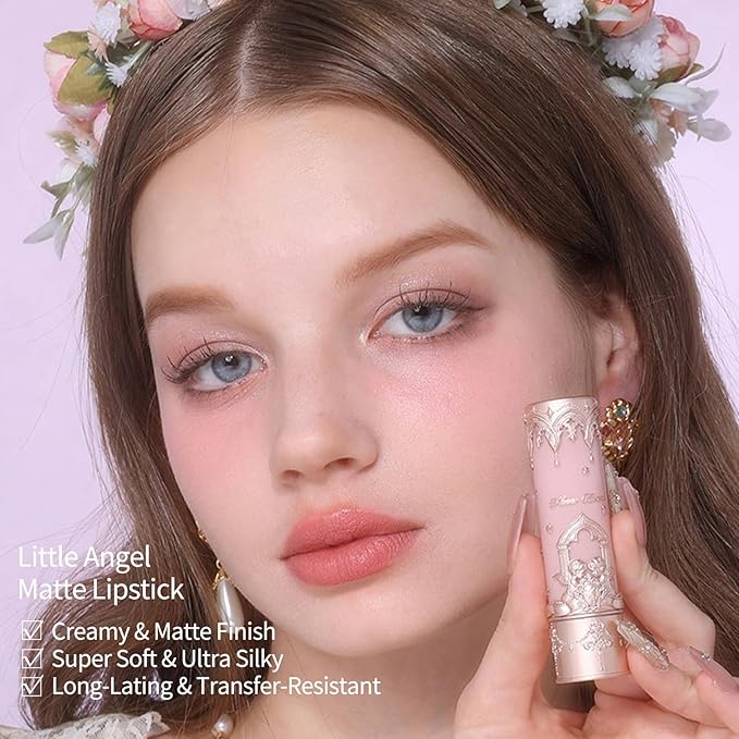 Flower Knows Little Angel Matte Lipstick,Super Soft & Ultra Silky Lip Mud Stick,Long Lasting & Moisturizing Vegan Lip Makeup for Girls&Women,Velvety Pink Finish(C04 Cupid)