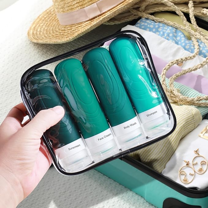 GLAMFIELDS Travel Bottles for Toiletries, 3oz Size TSA Approved Leak Proof Silicone Containers for Shampoo, Conditioner,Easy to Squeeze and Portable, Essentials for Traveling (4 Pack) Green