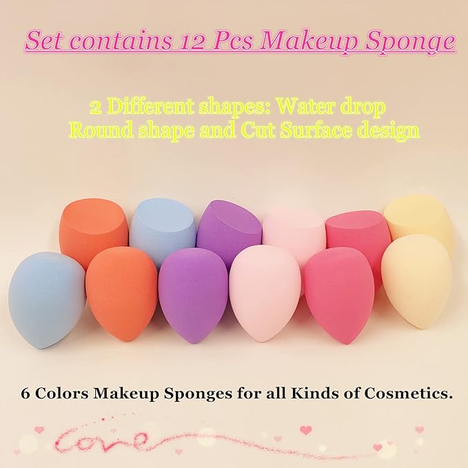 Wiko 12 Pcs Makeup Sponge Set for Foundation Bulk Latex Free Reusable Beauty Sponge Blender Cosmetic Applicator For Powder Cream and Liquid Super Soft Concealer
