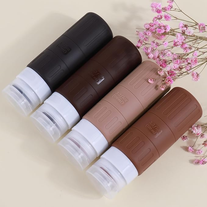 GLAMFIELDS Travel Bottles for Toiletries,TSA Approved 3.3oz Size LeakProof Silicone Toiletry Containers for Shampoo, Conditioner,Easy to Squeeze，Portable Travel Essentials for Lotion(18 Pack) Coffee