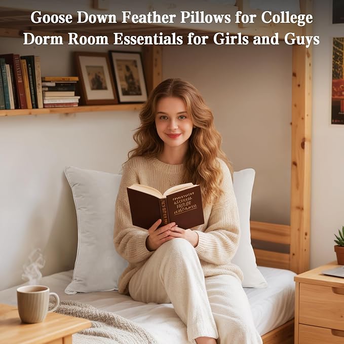 BHZ Goose Down Feather Standard/Queen Pillow, Luxury Hotel Collection Bed Pillow for Sleeping, Firm Soft Support for Side & Back Sleepers for Apartment College Dorm Room Essentials, White