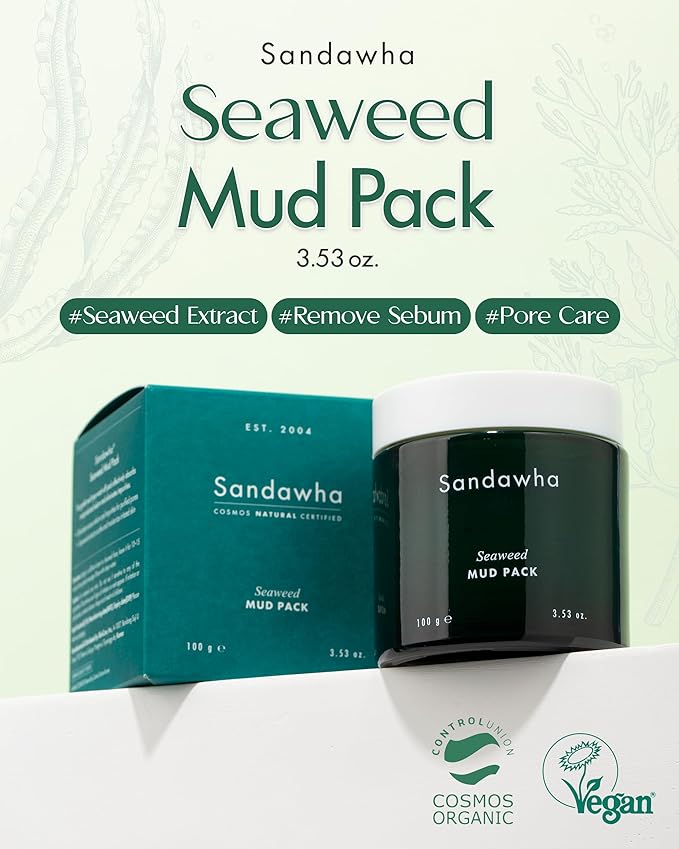 SanDaWha SKINCURE Vegan Seaweed Mud Mask, Korean skincare Blackhead Remover Clay Mask for Pore Cleansing with Kaolin & Bentonite, Oil Control & Gentle Exfoliation, 3.5oz