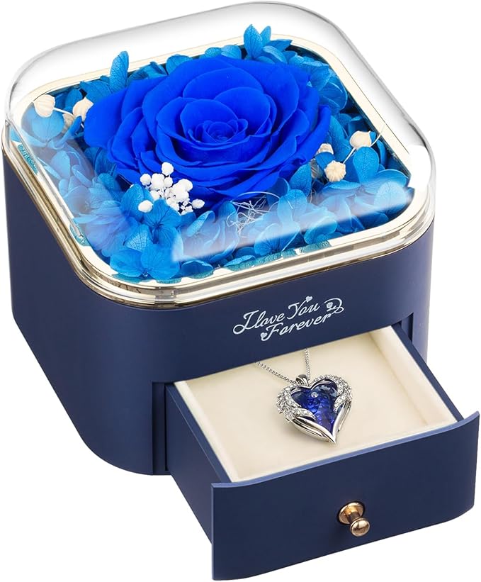 Preserved Real Blue Rose with Angle Wings Necklace, Forever Flowers Gifts for Mom Grandma Wife Girlfriend at Christmas Valentines, Anniversary Birthday Gifts for Women, I Love You Gifts for Her