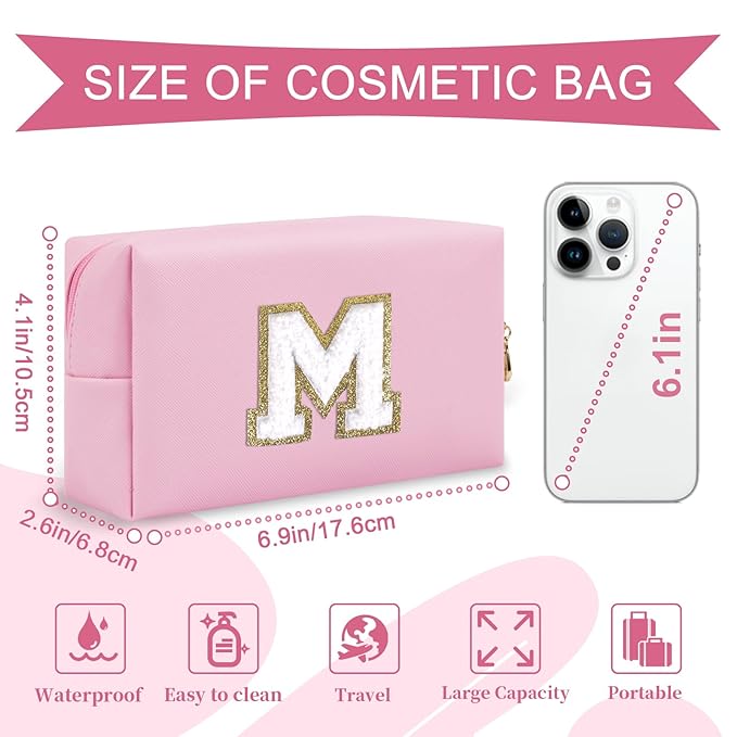 Personalized Initial A-Z Preppy Patch Makeup Bag,Small PU Chenille Letter Cosmetic Bag with Zipper for Teen Girls,Pink Cute Toiletry Organizer Bag,Monogram Makeup Case Gift for Women Girls,Letter M
