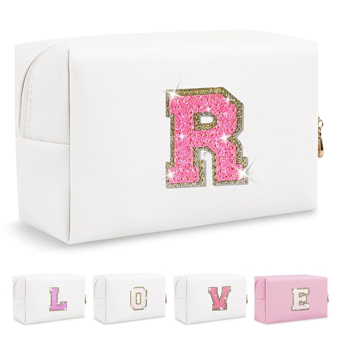 Small Personalized Initial A-Z Patch Makeup Bag,White Cute PU Leather Glitter Letter Cosmetic Bag for Teen Girls,Travel Toiletry Bag with Zipper,Preppy Monogrammed Birthday Gift for Daughter Niece R