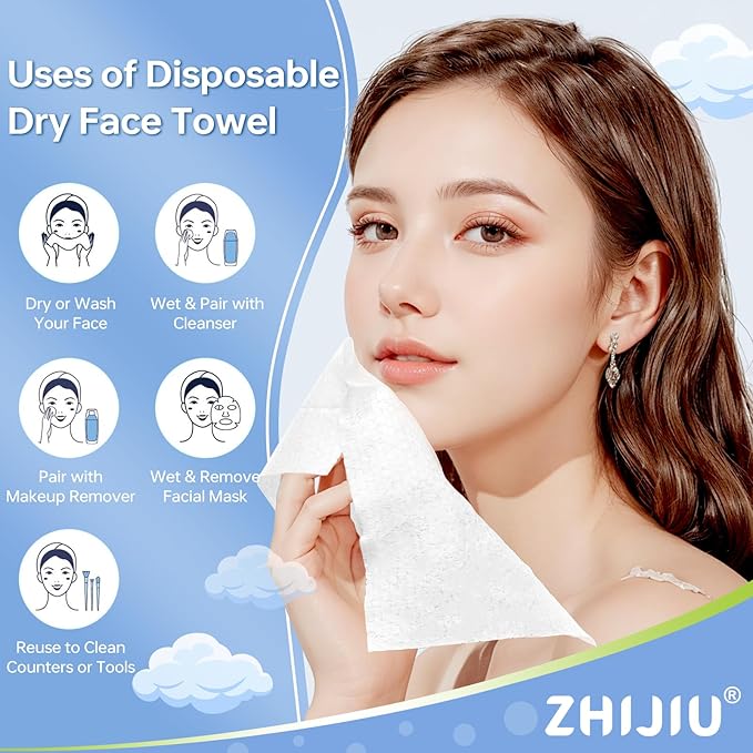 Disposable Face Towels 100 Count, Lint-Free Soft Cotton Facial Dry Wipes,8” x 8” Clean Facial Towels Wash Cloth for Sensitive Skin,Makeup Remover Dry Wipes