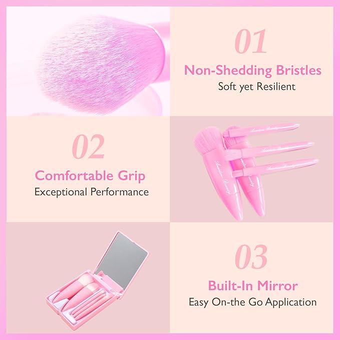 Travel Makeup Brushes Set, Easy Taken 5pcs Mini Makeup Brushes Kit with mirror, ON-THE-GO, Makeup Set for Beauty Blender, Get Glam On-the-Go! Pink