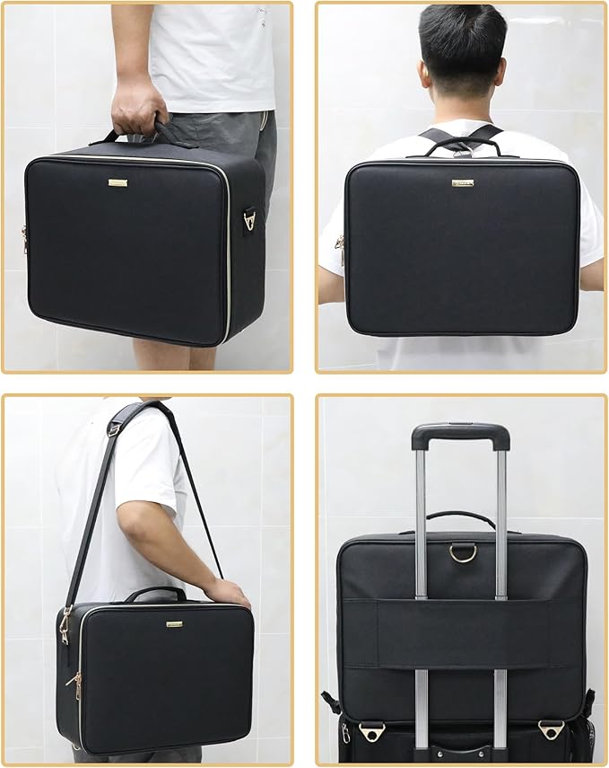 Relavel Extra Large Makeup Case Professional Cosmetic Storage Organizer Box Brush Holder with 4 Clear Set Bags for Makeup Artists with Shoulder Strap & Adjustable Dividers, Leather Black