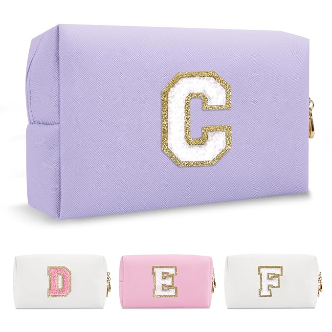 Personalized Makeup Bag Initial A-Z Preppy Patch Bag,Small PU Leather Travel Cosmetic Bag Pouch with Zipper,Purple Cute Toiletry Bag,Gift Ideal for Teen Girls Women Birthday Friend Mom,Latter C