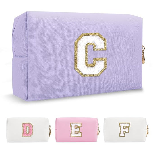 Personalized Makeup Bag Initial A-Z Preppy Patch Bag,Small PU Leather Travel Cosmetic Bag Pouch with Zipper,Purple Cute Toiletry Bag,Gift Ideal for Teen Girls Women Birthday Friend Mom,Latter C