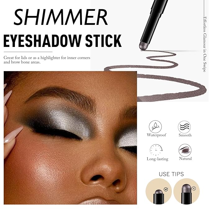 Dark Taupe Shimmer Eyeshadow Stick, Waterproof Cream Eye Shadow Pencil Long-Lasting Crease-Proof Glitter Eyeshadow Crayon Smooth High Pigmented Highlighter Neutral Eye Shadow Liner Makeup
