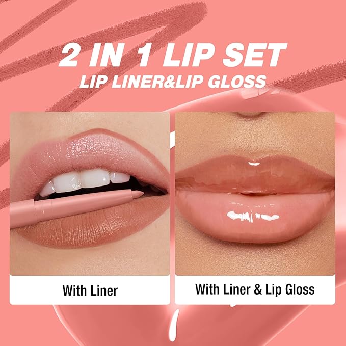 6pcs Hydrating Lip Oils + Lip Liner Pencil Lip Combo Sets, 24H Long-Lasting Lip Kit with Lip Liner and Gloss, Nourishing, Non-Sticky Tinted Stain Lip Gloss Plumping Lip Oil Set for Women(Set A)