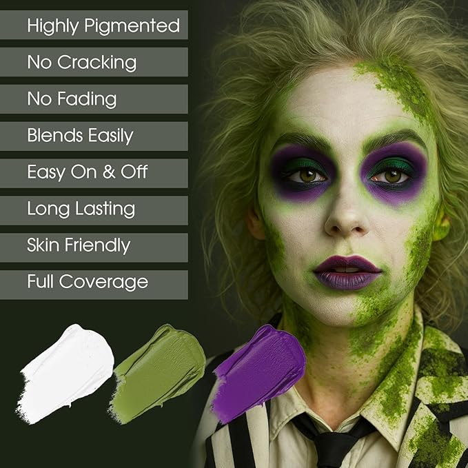 BADCOLOR 3PCS White Ogre Green Purple Face Body Paint Stick Makeup for Beetle-juice/ Frankenstein SFX Cosplay & Dress Up, Full-Coverage Halloween Facepaint Makeup Kit