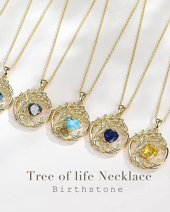 FANCIME Tree of life Birthstone necklace Sterling Silver Pendant Birthstone Necklace Gemstone Anniversary Birthday Jewelry Christmas Gifts for Mom Her Wife