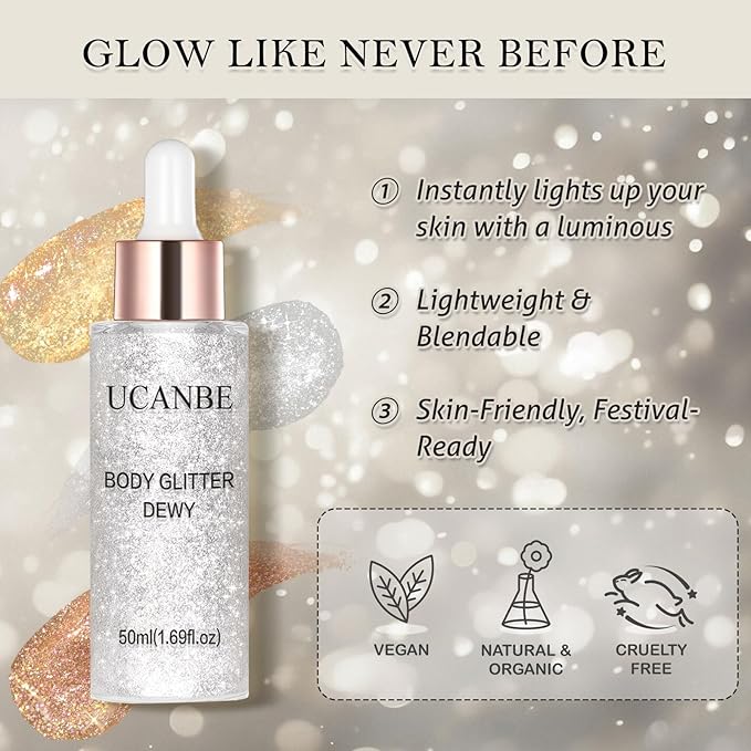 Liquid Glitter Highlighter Glow Drops – Face Highlighter & Body Shimmer Makeup, Illuminating Radiant Glow for Festival Rave Party, Long Lasting 02 Silver Fairy White