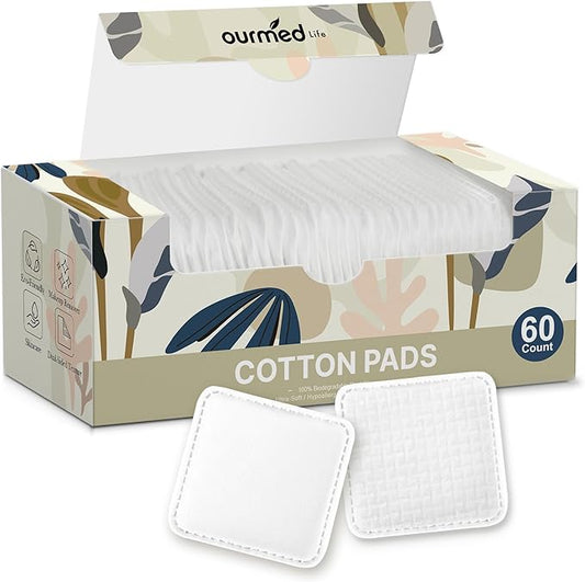 Ourmed Life Large Cotton Pads for Makeup Removal, Soft & Lint-Free Face Pads with Pressed Seam Design, Durable Makeup Remover Pads for Facial Cleansing on All Skin Types, 3x3 Inch, 60 Count