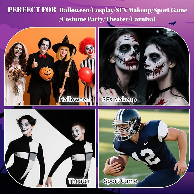 Gray Black White Body Paint Palette, Oil-Based Waterproof Face Painting Cream for Halloween Cosplay SFX Makeup Skeleton Ghost & Mime Looks, Non-Toxic Face Paint for Adult Cosplay Stage Shows