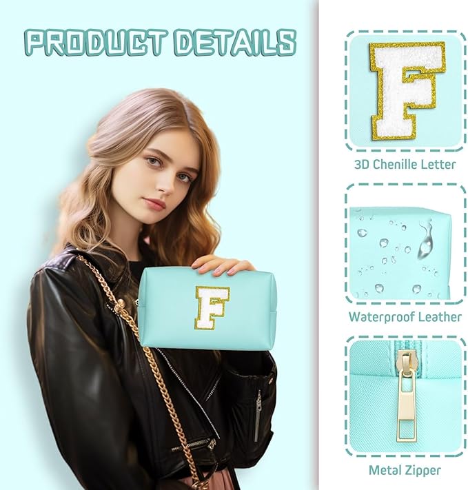 TOPEAST Initial Makeup Bags for Women, Cute Makeup Pouch, Waterproof Travel Toiletry Bag, Personalized Gifts for Girlfriend Wife on Valentine's Day Anniversary, Preppy Stuff Gift for Girl (Blue W)
