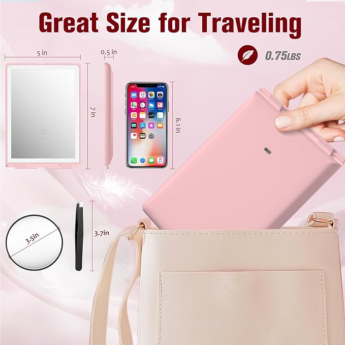 Travel Makeup Mirror with Lights, Rechargeable Portable Folding Compact Mirror Set with Tweezer, Lighted Makeup Mirror with 72 LED 3 Color Light Modes, Dimmable Touch Screen LED Mirrors-Pink