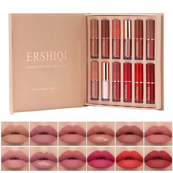 BONNIE CHOICE 12Pcs Nude Matte Liquid Lipstick Set, Waterproof Long Lasting Non-Stick Cup 12 Colors Nude Lipstick 24 Hour Not Fade Matte Lipstick Professional Lip Gloss Makeup Gift Sets for Women