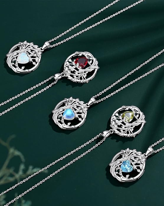 FANCIME Tree of life Birthstone necklace Sterling Silver Pendant Birthstone Necklace Gemstone Anniversary Birthday Jewelry Christmas Gifts for Mom Her Wife