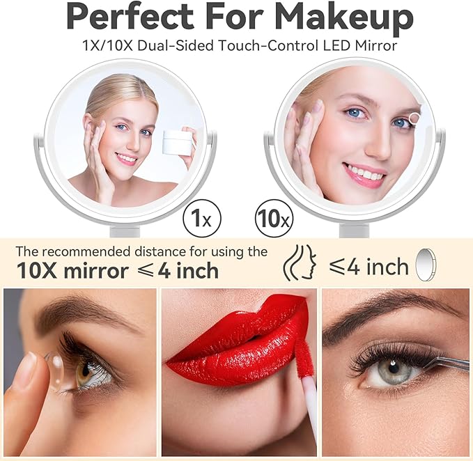 Makeup Mirror with Lights, 10x Magnifying Mirror with Light, 3 Color Lights, Double Side Touch Control, Height Adjustable, Vanity Mirror for Travel, Type-C Fast Charge, Gifts for Women