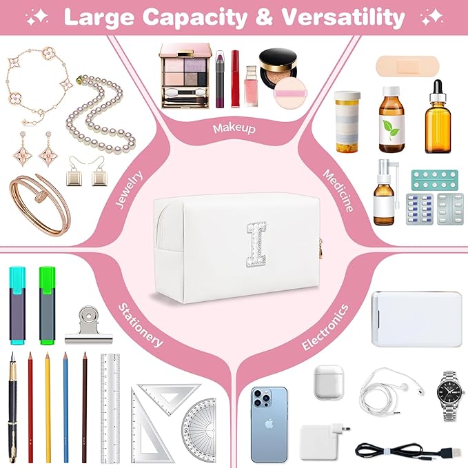 Bride Gifts – Personalized Initial Makeup Bag with Pearl Rhinestone Patch, Preppy White Monogram Cosmetic/Toiletry Pouch, bridesmaid Gifts, Bridal Shower Gifts, Wedding Gifts, Bridal Gifts,I