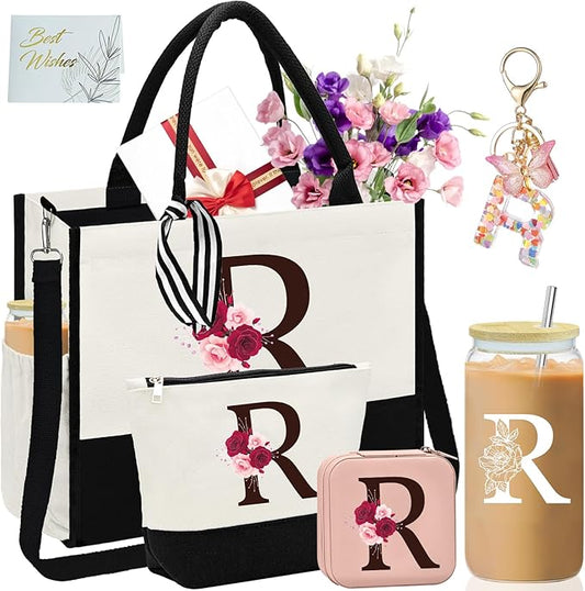 Birthday Gifts for Women,Initial Canvas Tote Bag,Monogrammed Gift for Women,16oz Initial Glass Cup,Makeup Bag with Zipper,Jewelry Organizer Box,Personalized Gifts for Mom-R