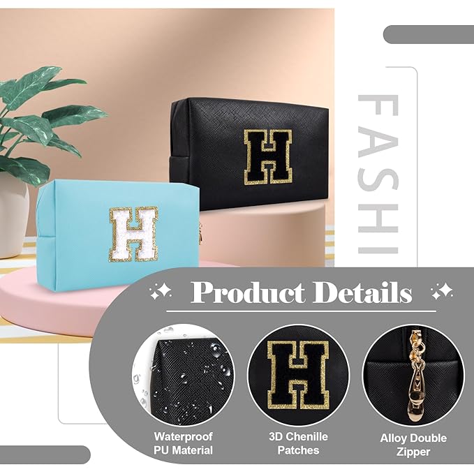 Personalized Initial A-Z Preppy Patch Makeup Bag,Small PU Chenille Letter Cosmetic Bag with Zipper for Teen Girls,Black Cute Toiletry Organizer Bag,Monogram Makeup Case Gift for Women Girls,Letter H
