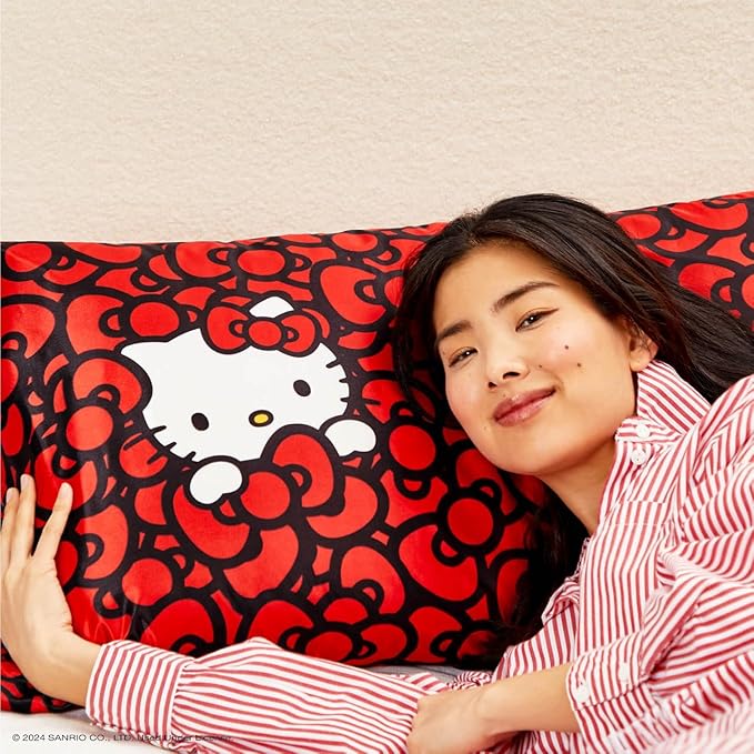 Kitsch x Hello Kitty Sea of Bows - Satin Pillowcase with Zipper for Hair and Skin, Softer Than Silk, Smooth Cooling Pillow Covers, Machine Washable - Queen/Standard Size (19x26)