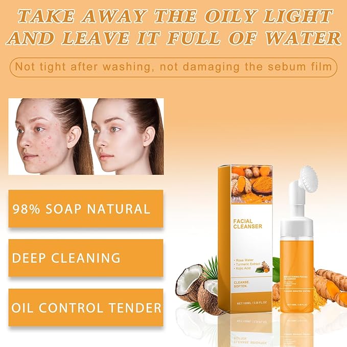 4Pcs Turmeric Wash and Care Three Piece Set, Turmeric Trio: Facial Wash, Cleansing Mousse & Soap for Skin Care, Turmeric Cleansing Exfoliating Pads, Turmeric Face Wash for Face & Body
