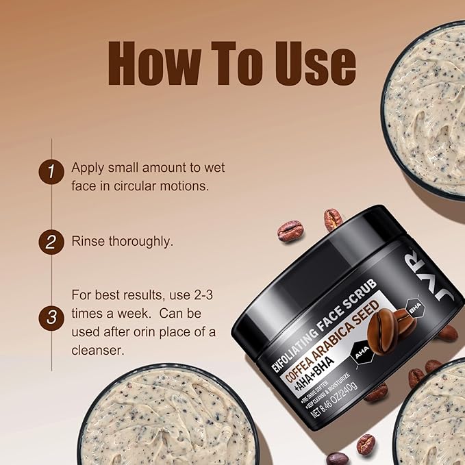 Face Scrub for Men, Facial Scrub for Deep Exfoliating, Cleansing, Removing Blackheads, Ingrown Hairs, Pre-shave Soften, Organic Formulated with Coffee Extract, AHA and BHA Face Exfoliator (8.46 oz)