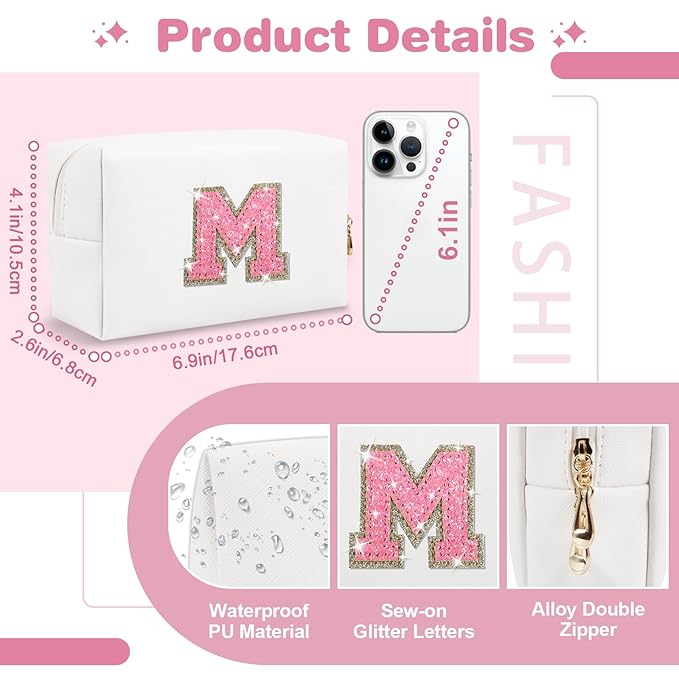 Small Initial Patch Makeup Bag Personalized Gifts Make Up Bag,White Cute PU Leather Glitter Letter Cosmetic Bag with Zipper,Trendy Portable Travel Toiletry Pouch,Preppy Stuff for Teen Girls Women M
