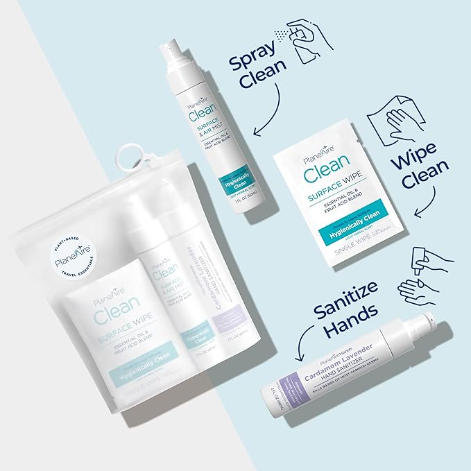 Travel Essentials | Hygiene Kit | Travel Toiletry Kit | Travel Size | Lotion Hand Sanitizer Cardamom Lavender Scent | Surface Wipes | Individual Travel Wipes | Surface Cleaner | With Essential Oils
