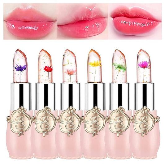 BONNIE CHOICE 6 Pcs Crystal Flower Jelly Lipstick Set, Temperature Change Moisturizer Long Lasting Flower Lip Stick Nutritious Lip Balm Magic Color Change Lip Gloss Makeup