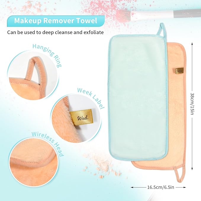 Makeup Remover Cloth 7-Day Set, 15" x 6.5" Reusable Makeup Remover Towels, Makeup Washcloths for Face, Skin Friendly, Soft & Washable Coral Fleece Microfiber Towel for Face, Eye, Lips