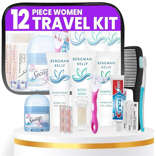 Trektote Travel Toiletry Kit For Women – 12 Piece Set Of Travel Size Toiletries, TSA Compliant, Travel Essentials, Includes Shampoo And Conditioner, Body Wash, Toiletry Bag & More
