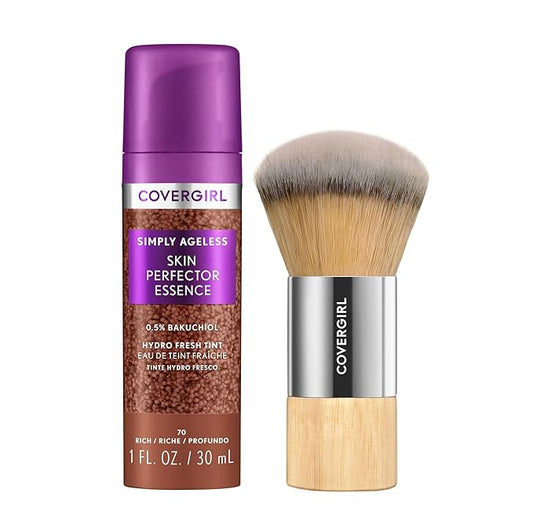 Covergirl Simply Ageless 70 Rich Foundation, Blending Brush - Skincare Makeup with Bakuchiol & Tranexamic Acid, Sheer Tint, 1oz