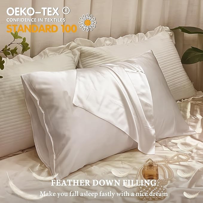BHZ Satin Goose Down Feather Pillows Queen Size Set of 2 with White Satin Pillowcase for Hair and Skin, Cooling Pillow Cases Similar to Silk Pillow Cases, Christmas Decorative Gifts for Women, Mom Men