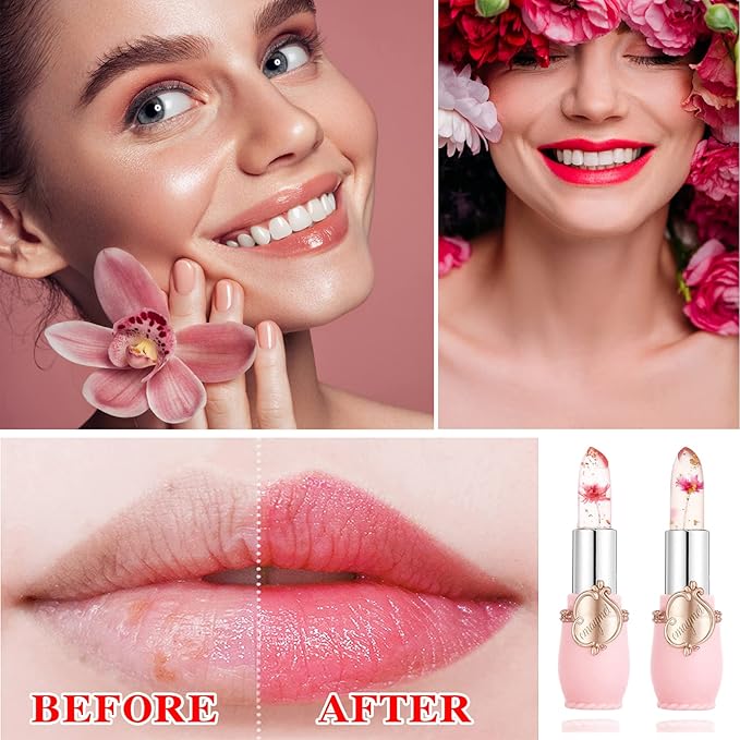 2 Pack Crystal Jelly Flower Lipstick,Magic Temperature Color Change Lip Gloss Lip Stick PH Clear Magic Lipstick Long Lasting Nutritious Moisturizing Lip Balm（Set A）