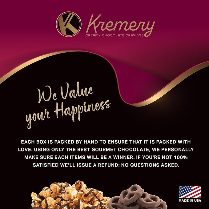 KREMERY Creamy Chocolate Cravings - Chocolate Covered Pretzels & Caramel Popcorn Gift Basket, in Seagrass Tray + Ribbon (Deluxe, 3.5 lbs) Food Arrangement, Food Assortments USA Made