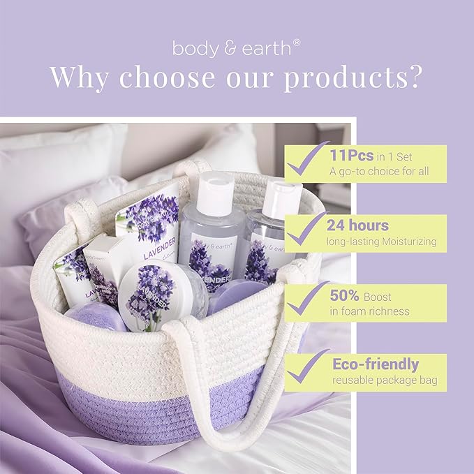 Spa Gift Baskets for Women - Body & Earth 11pcs Lavender Gift Sets with Bubble Bath, Shower Gel, Body Lotion, Birthday Gifts for Women, Spa Kit for Mom Gifts, Purple Gifts