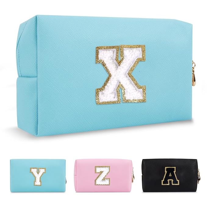 Small Personalized Initial A-Z Preppy Patch Makeup Bag,PU Chenille Letter Travel Cosmetic Pouch with Zipper,Blue Cute Toiletry Bag,Gift Ideal for Teen Girls Women Teacher Bridesmaid,Letter X