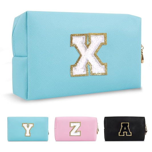 Small Personalized Initial A-Z Preppy Patch Makeup Bag,PU Chenille Letter Travel Cosmetic Pouch with Zipper,Blue Cute Toiletry Bag,Gift Ideal for Teen Girls Women Teacher Bridesmaid,Letter X