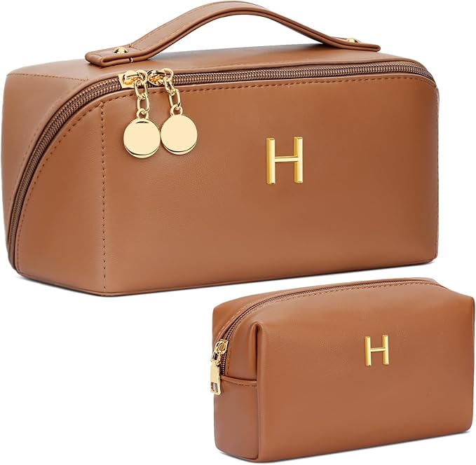 Birthday Gifts for Women Teen Girl, Personalized Initial Makeup Organizer Bag Set, Open Flat Travel Cosmetic Bag With Clear Divider and Handle(Brown,H)