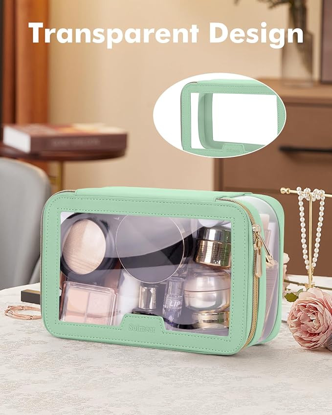 Travel Clear Makeup Bag with Makeup Brush Bag, Leather Makeup Case Toiletry Bag, Portable Cosmetic Bag Case, Transparent Waterproof Cosmetic Organizer Storage Bag for Women, Mint Green